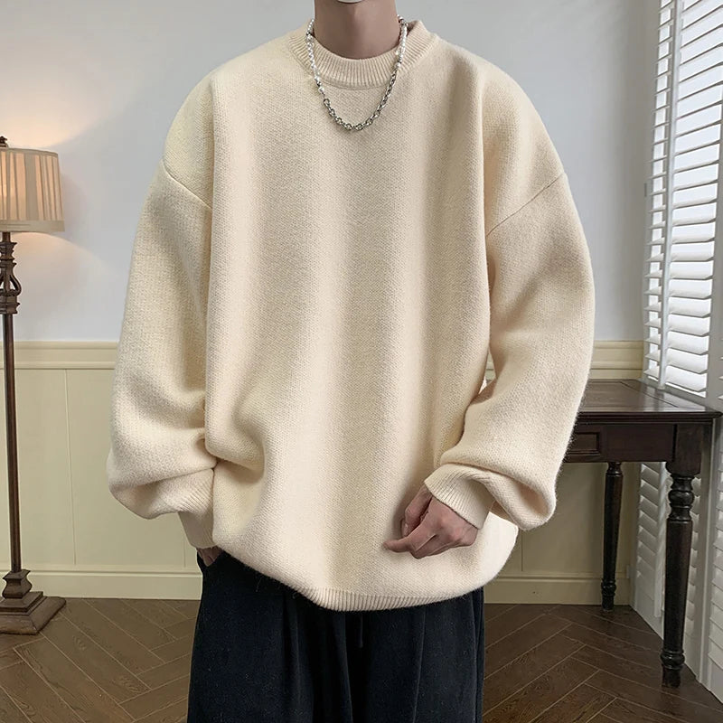 Threebooy Winter Sweater Men Warm Casual Solid Color Knitted Pullover Men Oversized Korean Loose Round Neck Sweater Mens Jumper Clothes