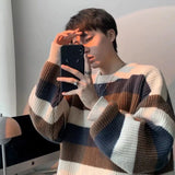 Threebooy Man Clothes Striped Long Knitted Sweaters for Men Brown Pullovers S 90s Vintage Y2k A Korean Autumn Jumpers Neck Overfit X