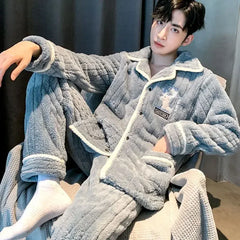 Threebooy Pajama Man Sleepwear Autumn Winter Warm Pajamas Set Coral Velvet Fleece Hooded Single Breasted Soft Nightwear Home Clothes New