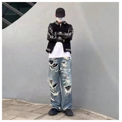 Threebooy American Style Streetwear Washed Torn Jeans For Men And Women's Street Hip-Hop Loose Wide Leg Straight Leg Pants Fashion Style