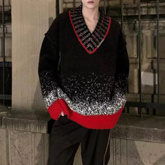Threebooy  Unisex Black And Red Gradient V-Neck Sweater Jacket Autumn And Winter New Y2k Harajuku Style Loose Personality Fashion Trend