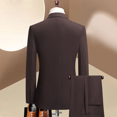 Threebooy Wedding suit men 3 Piece Striped wine red groom suit  2025 new High-end business suit set  Double-breasted dress