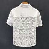 Threebooy Mens Hollow Sexy Lace Short Sleeve Casual Shirt See-Through 2024 New Genderless Fashion Versatile Youth Trend Retro Shirt Unisex