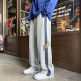 Threebooy American Street Trendy Fashion Striped Contrasting Colors Casual Pants Elastic Waist Drawstring Pockets Loose Straight Trousers