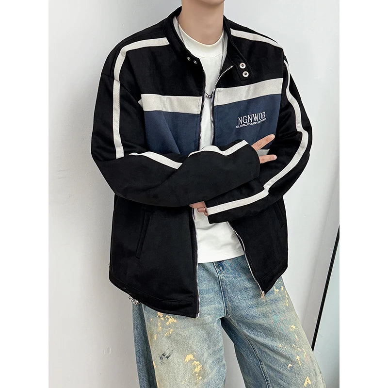 Threebooy Retro Contrast Jacket Motorcycle Suit Suede Stand Collar Jacket Men's High-end Outdoor Niche Bomber Jacket Baseball Uniform Suit