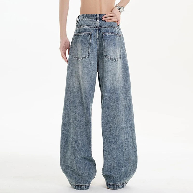 Threebooy Men's Denim Pants hip hop jean Classic Blue Washed Male Jeans Straight Casual Menwear Loose Wide Leg Trousers 2025 New Fashion