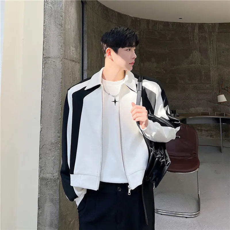 Threebooy Spring Autumn Male-jacke Short Style Loose Shoulder Pad Coat Personality Korean Patchwork Color Zipper Jackets men clothing