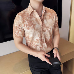 Threebooy  High Quality Printed Short Sleeved Shirt for Men Slim Fit Casual Pleated Shirt Business and Social Ironless Shirt Men Clothing