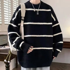 Threebooy  Autumn Striped Knitted Round Neck Sweaters For Man High Street Fashion Pullovers Knitwear Y2K Vintage Long Sleeve Pull Homme