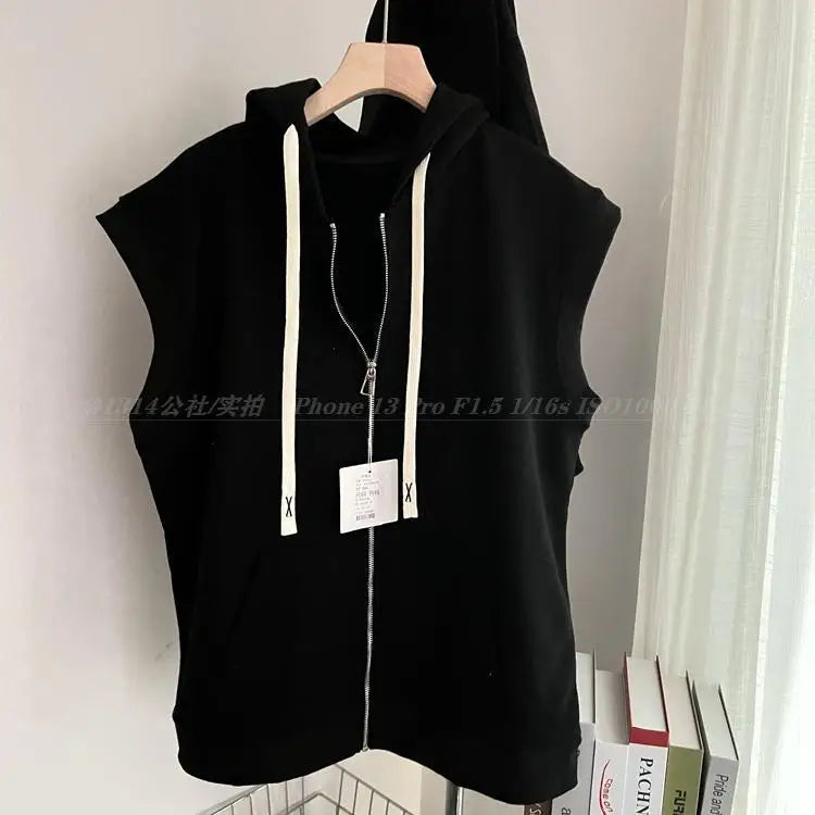 Threebooy Hooded Vest Jacket American Casual Sports Vest Men Women Korean Streetwear 2025 Trendy Loose Sleeveless Zipper Cardigan