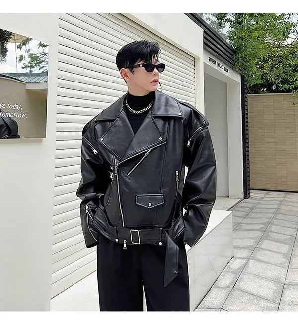 Threebooy Autumn Winter Wide Shoulder Zipper Leather Jacket Luxury Men Streetwear Loose Vintage Punk Motorcycle Jacket Korean Fashion Coat