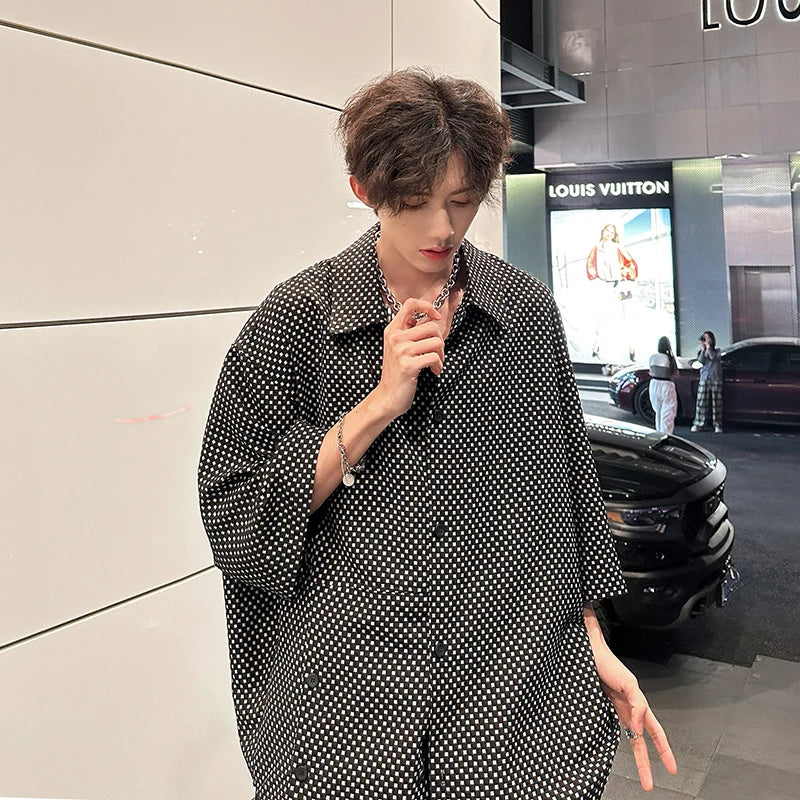Threebooy Fashion Plaid Batwing Blouse Men 3/4 Sleeves Elegant Shirt Button Decor Women Tops Oversized Casual Streetwear Party Shirts