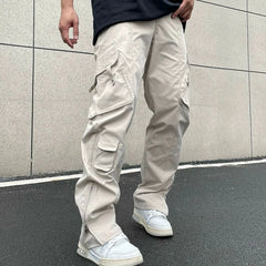 Threebooy Men's Loose-fit Straight-leg Casual Trousers American Style High Street Vibe Zip-up Cargo Pants Fog Wind