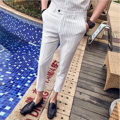 Threebooy  Men Stripe Pants Slim Fit Midwaist Trousers Classic Vintage Check Suit Male Wedding Pants Men Business Formal Trousers 35