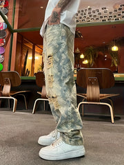 Threebooy  American-Style Streetwear Washed Vintage Ripped Jeans for Men, Spring and Autumn Straight Loose Fit, European and American High Street Vibe Style Long Pants