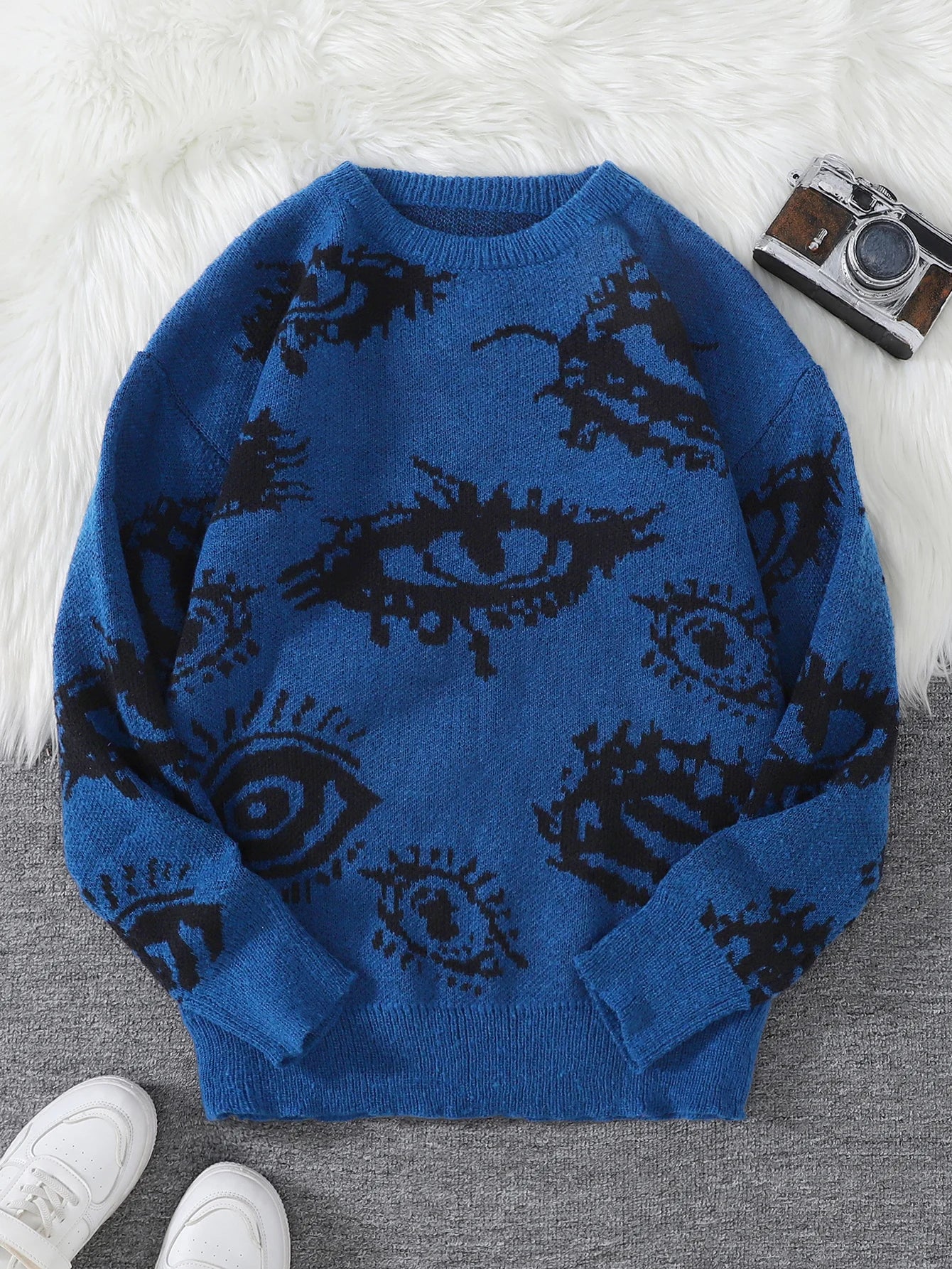 Threebooy  New Popular Autumn and Winter Abstract Eye Jacquard Pattern Pullover Sweater Casual Round Neck Knitted Men's Pullover
