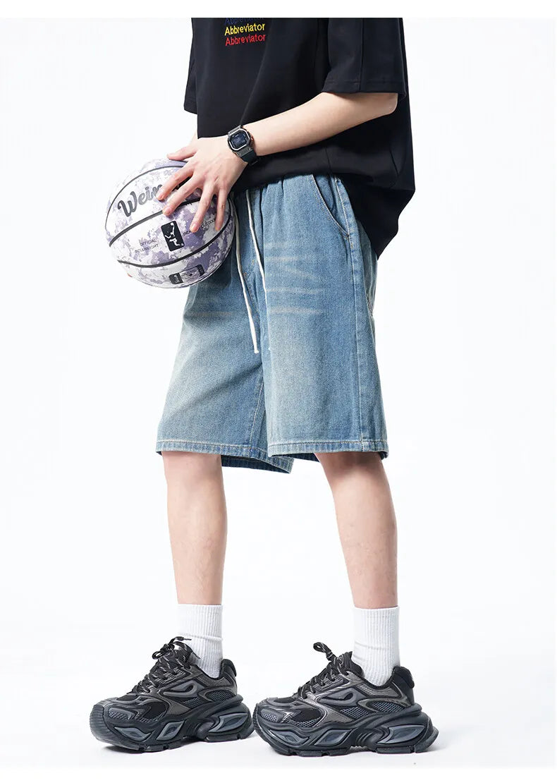 Threebooy Mens Denim Shorts Elastic Waist Drawstring Washed Classic Casual Summer Streetwear Vintage Stonewash Comfort Fit 2025 Fashion