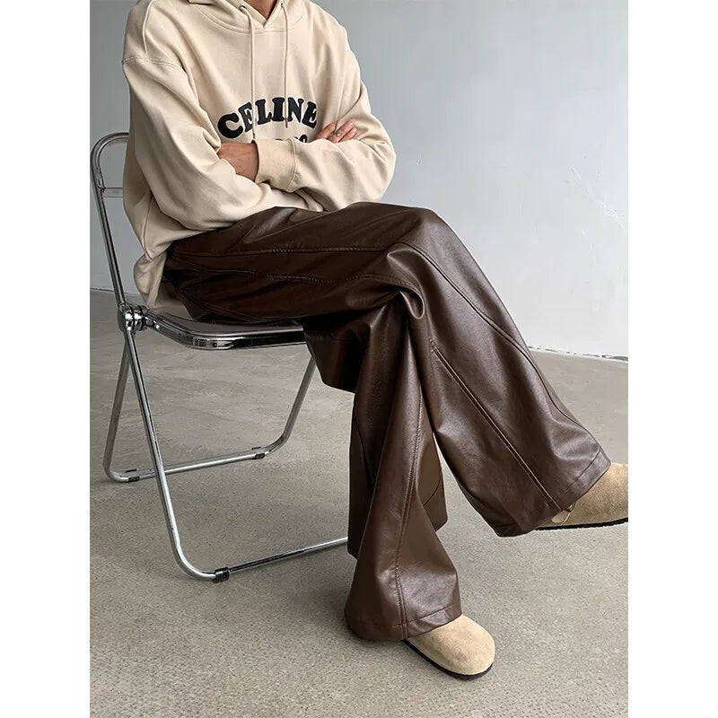 Threebooy PU Leather Pants men Straight Spring Men's Punk Fashion Hip Hip Men Wide-leg Mopping Trousers Windproof Dark Brown/Black