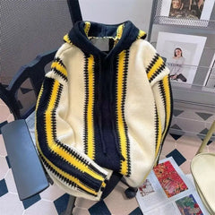 Threebooy Korean street style men and women trendy color blocked striped hooded sweater for couples autumn and winter loose retro casual