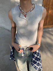 Threebooy  Basic  Color Elastic Slim Fit Sports Vest Men Summer Thin Ice Silk Cool Feeling Henry Collar Sleeveless T-Shirt Trendy