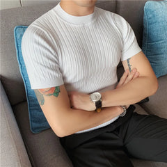 Threebooy New Style Men High Grade Solid Color Stripe Knit T-shirt/Male Slim Fit Fashion High Collar Short Sleeve T-shirt Black White