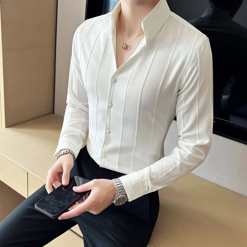 Threebooy 4XL Men Long Sleeve Slim Fit No-Iron Business Social Shirts Spring Autumn Wedding Party Dress Casual Button Down Brand Shirt