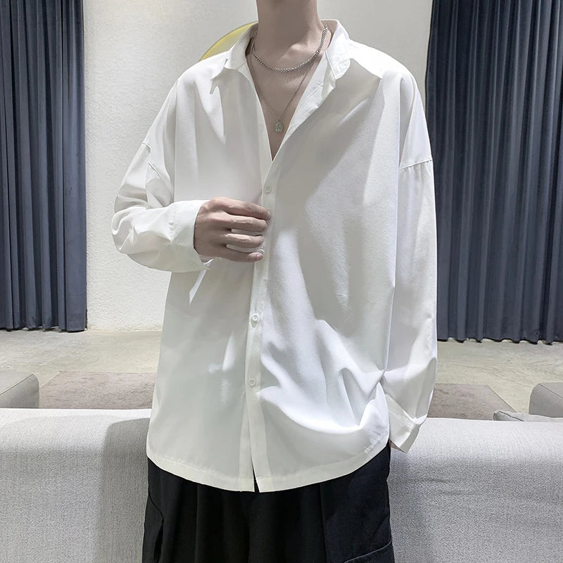 Threebooy Men Black Solid Long-sleeved Shirts Mens Harajuku Fashion Oversize Shirt Male Gray Casual Streetwear Loose Blouses Plus Size