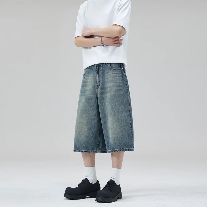 Threebooy  Oversized Baggy Men's Denim Shorts Summer Fashion Retro Casual Loose Wide-leg Calf-length Jeans Harajuku Y2K Streetwear
