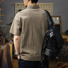 Threebooy  Summer Zip Pockets Short Sleeve Polo Shirts Men's Striped Patchwork Turn-down Collar T-shirts High Street Y2K Polos Tee Tops