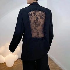 Threebooy Mens See-Through Hollow Lace Casual Suit Autumn Genderless Fashion Personality Nightclub Sexy Splicing Loose Suit Jacket Unisex