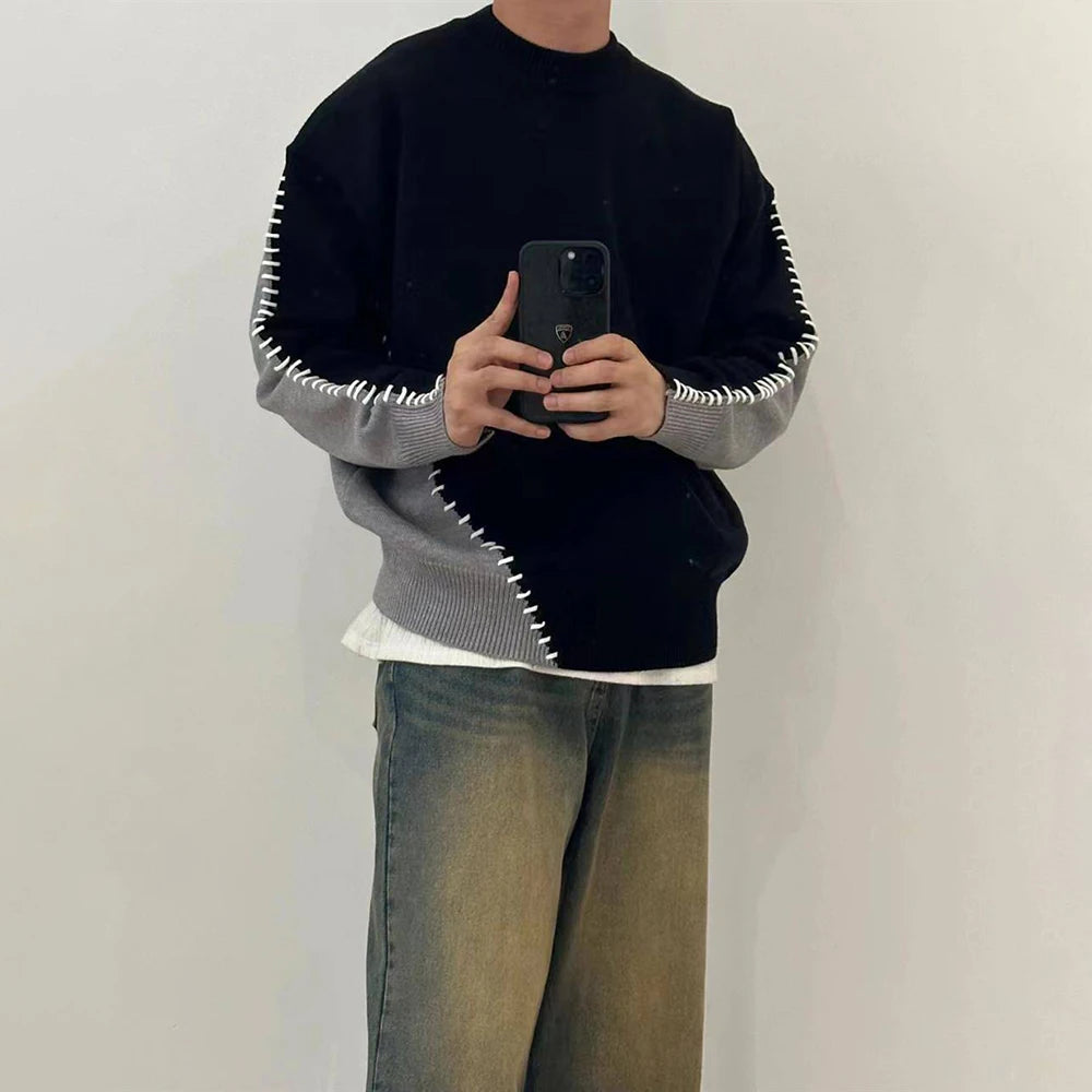 Threebooy Mens Sweater Topstitching Knitted Sweater Autumn Streetwear Contrast Color Casual Versatile Long Sleeve Top Men'S Clothing