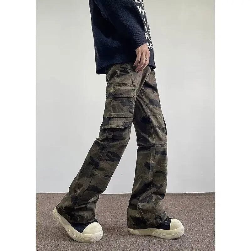 Threebooy Jeans Men camouflage Cargo Pants Patchwork Multi Pockets Denim Hombre Fashion Casual Streetwear Trousers bell-bottoms