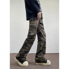 Threebooy Jeans Men camouflage Cargo Pants Patchwork Multi Pockets Denim Hombre Fashion Casual Streetwear Trousers bell-bottoms