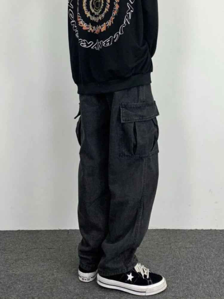 Threebooy Dark Straight Jeans Men's Korean Autumn Winter Kpop Vintage Black Denim Pants Women Popular Washed Loose Cargo Trousers