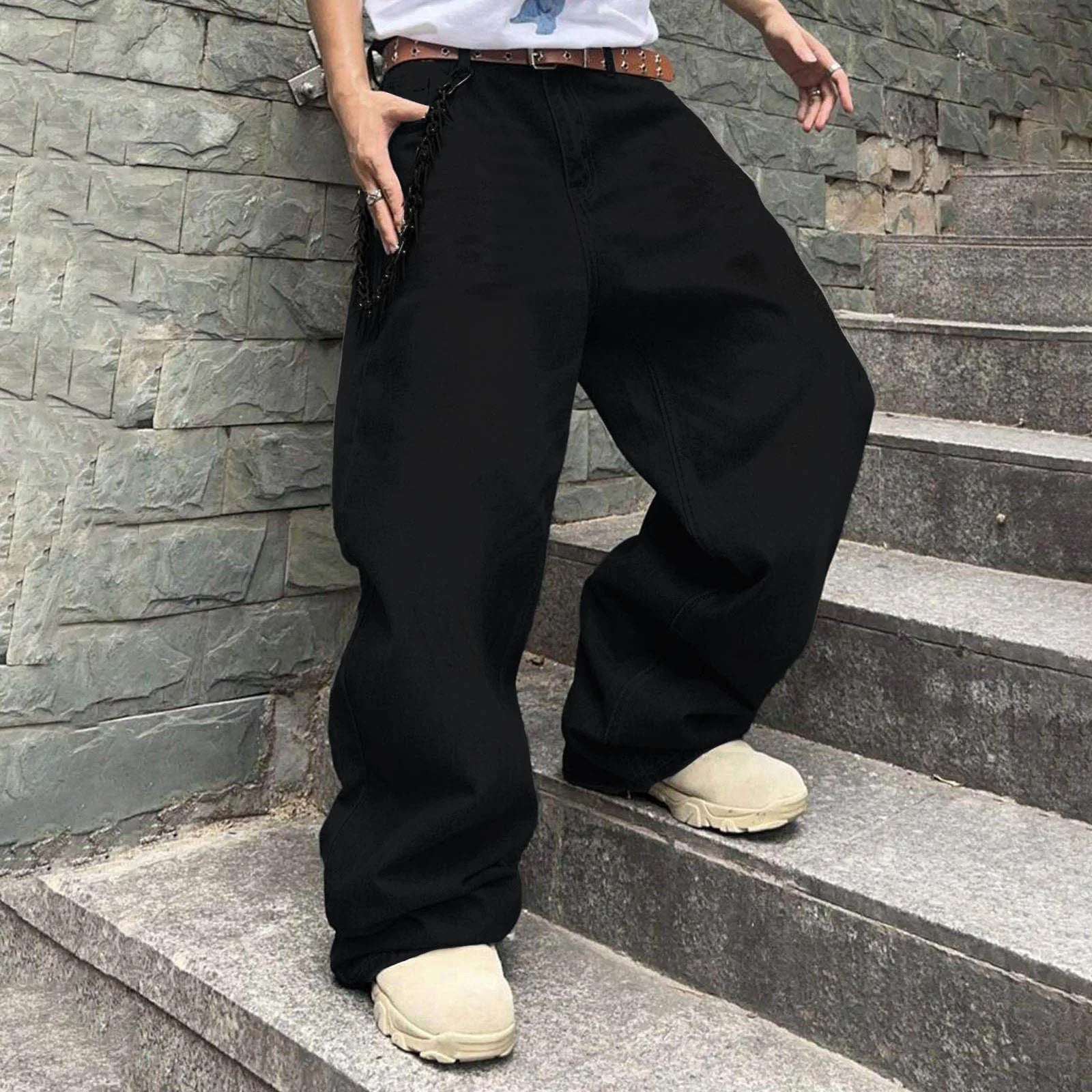Threebooy Men Baggy Denim Pants Wide Leg High Waist Belt Casual Trousers Loose Plus Size Stylish Streetwear Men's Hip Hop Streetwear