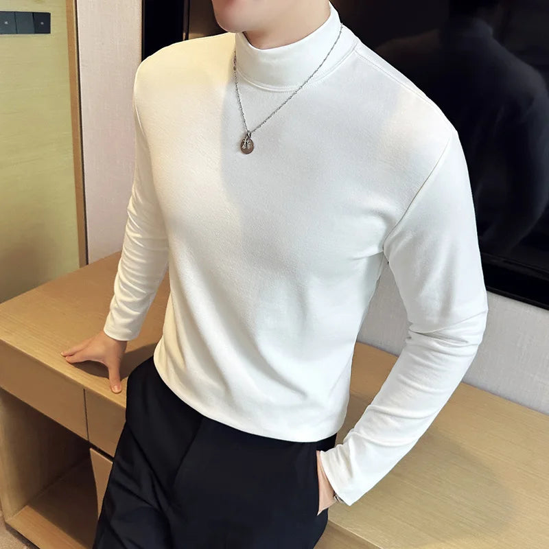 Threebooy Clothing Men's High-neck Long Sleeve T-shirts/Male Slim Fit High Business Business High Neck Casual T-shirts 4XL-M