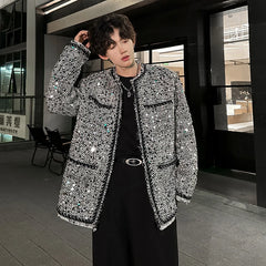 Threebooy Korean Fashion Shiny Sequin Jacket Sliver Round Collar Long Sleeve Jackets Coats Autumn New Ladies Gentleman High Street