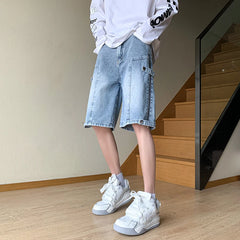 Threebooy Summer High Street Vibe Jeans Fashion Retro Street Stitching Zipper Denim Shorts Street Hip-hop Men Straight Wear White Pants