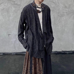 Threebooy  Men's Solid Color Pleated Long-Sleeved Shirt Chinese Retro Fashion Trend Leisure Loose Breathable Niche Summer New Men's Tops
