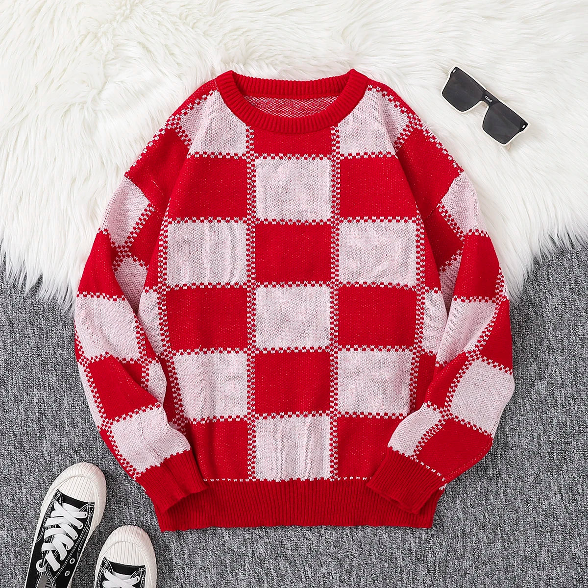 Threebooy New Popular Autumn Winter Plaid Jacquard Pattern Pullover Sweater Casual Round Neck Contrast Color Knitted Men's Pullover