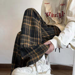 Threebooy  Autumn Plaid Pants Men Oversized Fashion Retro Casual Pants Men Streetwear Hip-hop Loose Wide Leg Pants Mens Vintage Trousers