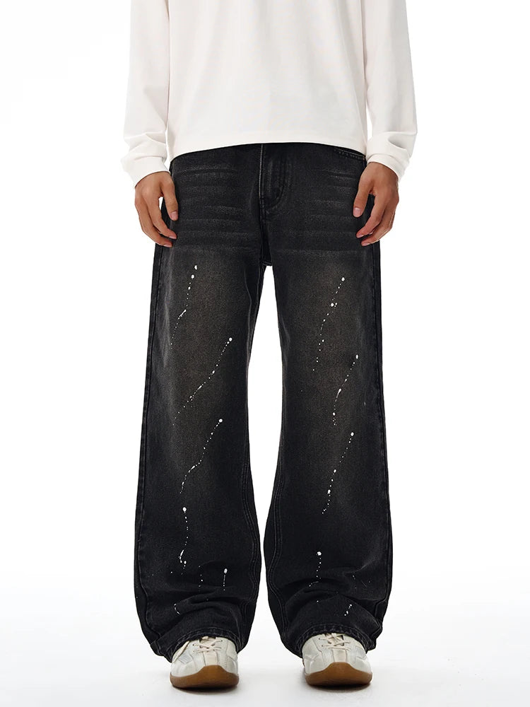 Threebooy Fashion Graffiti Black Loose Wide-leg Jeans Men's Autumn New American Simple Basic Wash Denim Pants Loose Straight Trousers