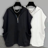 Threebooy Mens Casual Pocket Hooded Vest Genderless 2024 Summer New Fashion Versatile Zipper Solid Color Loose Sleeveless T-Shirt Unisex