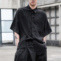 Threebooy Black Oversized Short Sleeve Shirt Men's Korean Style Drop Shoulder Shirt Harajuku Loose Single Breasted Shirt