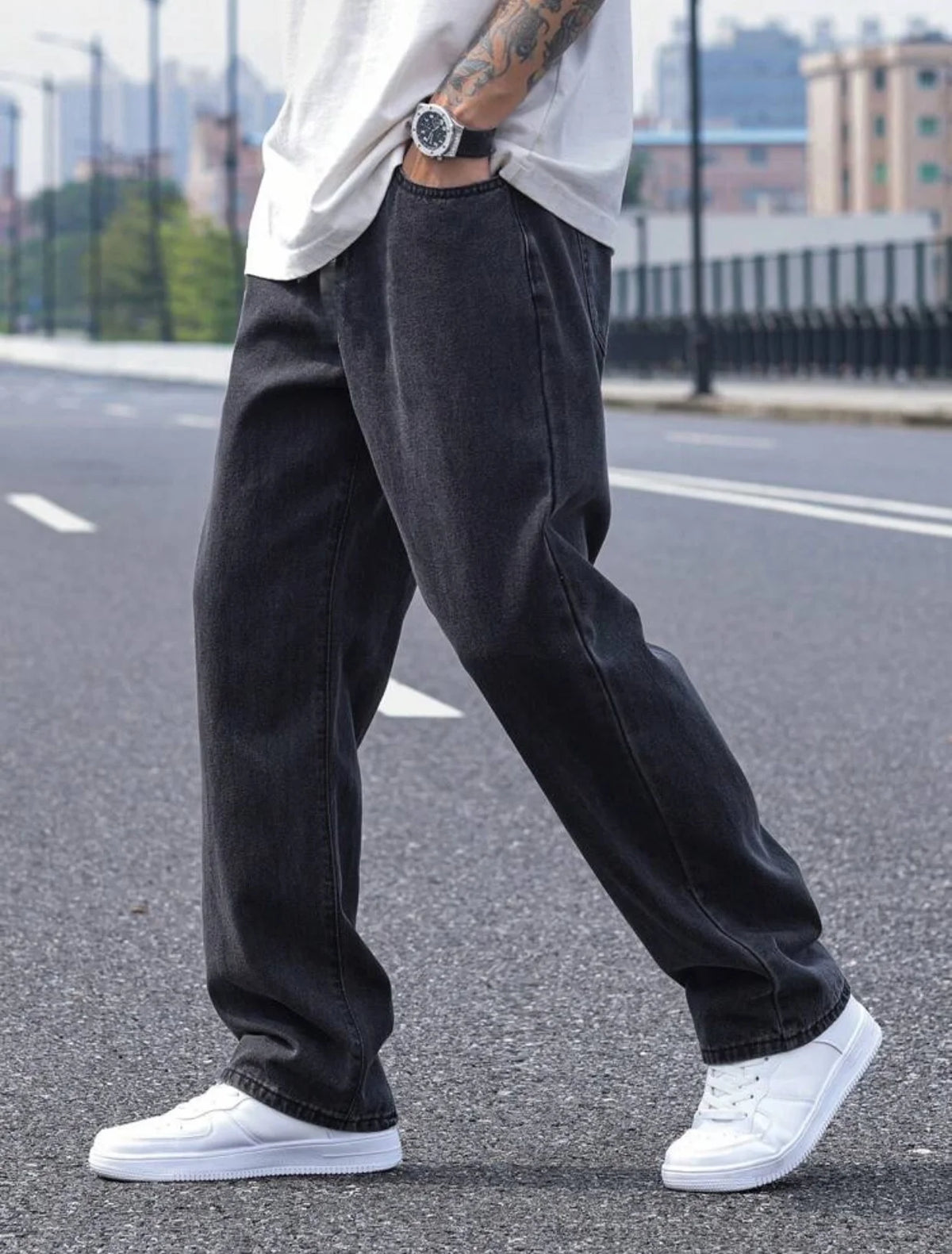 Threebooy  New Men's Casual Long Jeans, Classic Men's Straight-Leg Jeans & Wide-Leg Jeans, Solid Color