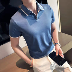 Threebooy  Summer New Style Men's Casual Slim Fit Short Sleeve Solid Color POLO Shirt British Slim Lapel Color Blue T-shirt Polo S-4XL