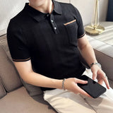 Threebooy Summer ice silk dark stripe knitted lapel short sleeve men's T-shirt Slim hollow polo shirt Green ,polo Golf Shirt