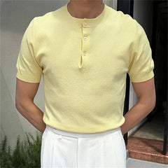 Threebooy New Men Luxury Henry Collar T-Shirt Leisure Slim Button-down Solid Color Short Sleeve Tops Italian Style Summer Breathable Tees