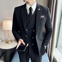 Threebooy  Men's 2 Piece Set  Suit Slim Fit Trendy Plaid  Professional Formal Wear Groom Handsome Wedding Suit