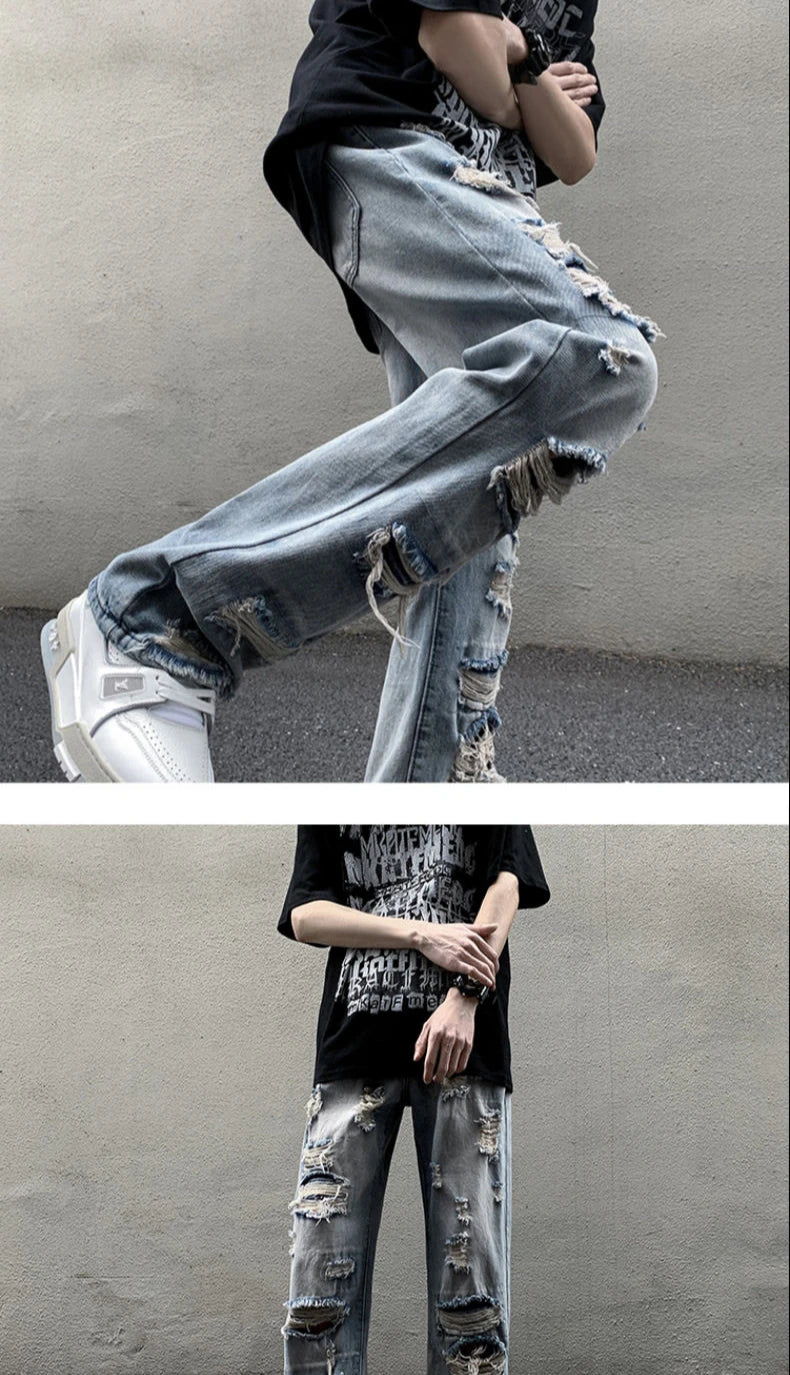 Threebooy European and American High Street Spring and Autumn Vintage Destruction Washed Straight leg Jeans Couple Hip Hop Casual Pants